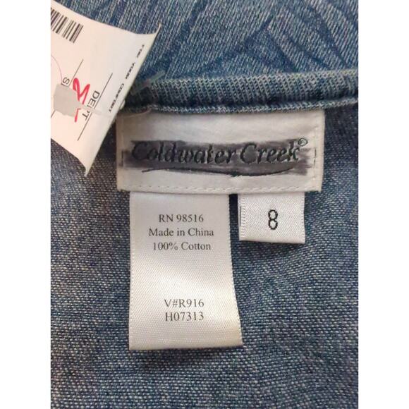 Coldwater Creek Blue Palm Print Layered Chambray Denim Dress Buttons Women Sze 8 - Picture 2 of 7